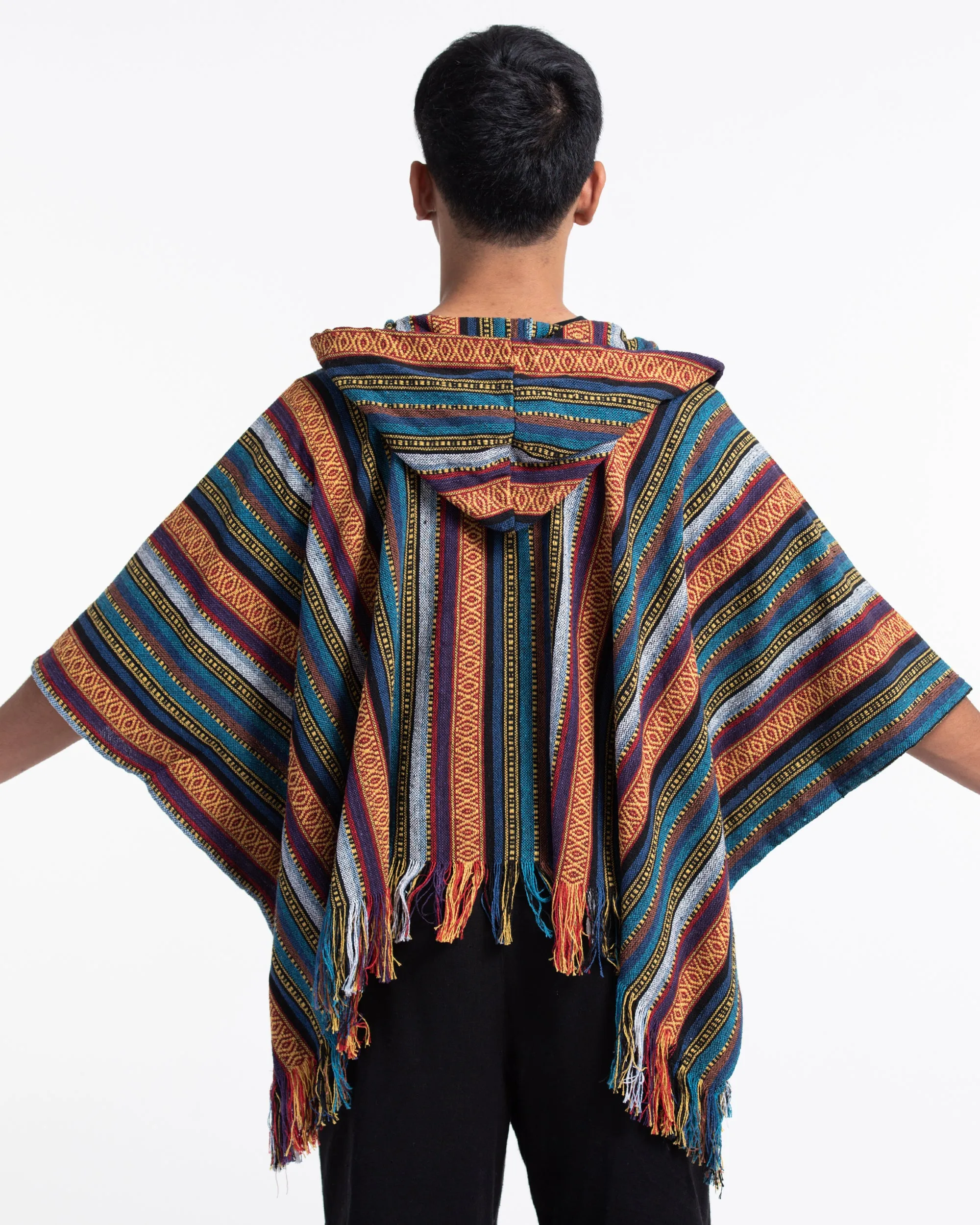 Hill Tribe Cotton Hooded Poncho Jacket in Blue Orange