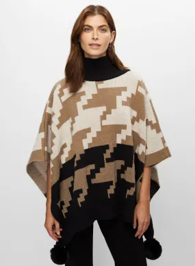 Houndstooth Motif Pompom Poncho