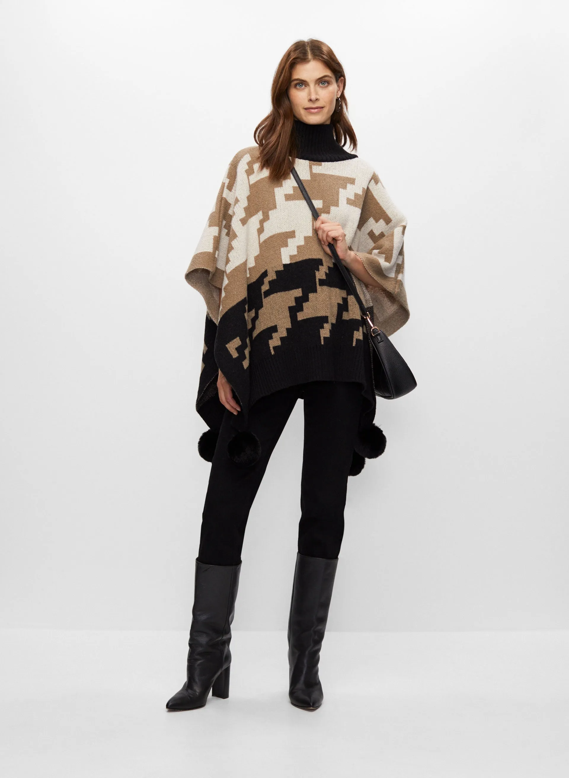 Houndstooth Motif Pompom Poncho