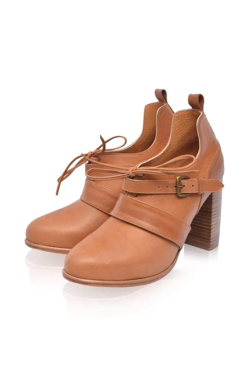 Josephine Lace up Leather Heels in Dark Tan