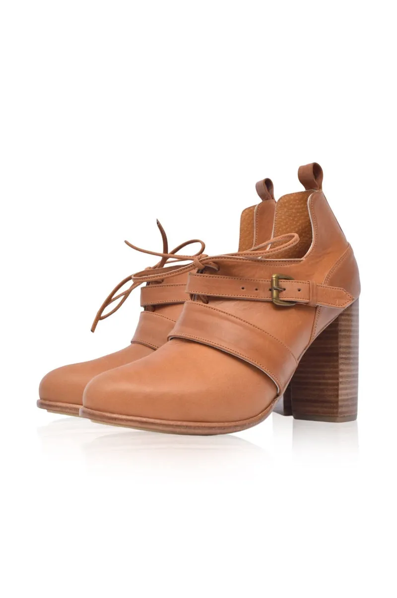 Josephine Lace up Leather Heels in Dark Tan