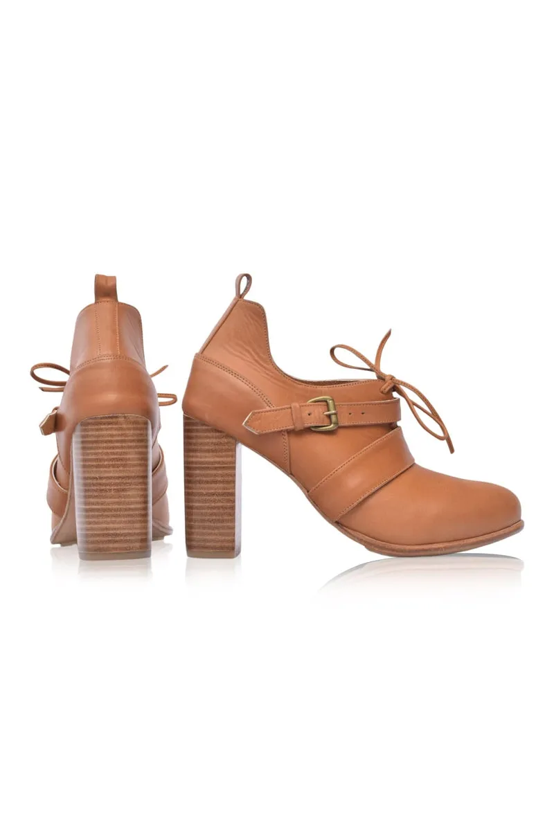 Josephine Lace up Leather Heels in Dark Tan