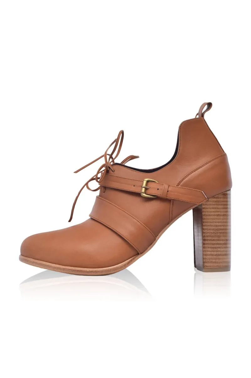 Josephine Lace up Leather Heels in Dark Tan