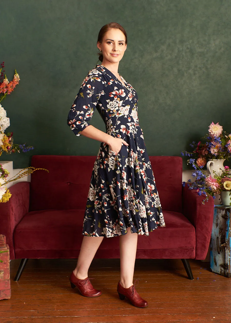 Lavender Navy & Cream Floral 3/4 Sleeve Dress