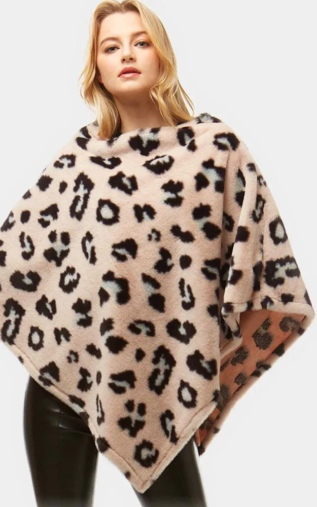 LF931 Leopard Pattern Faux Fur Poncho