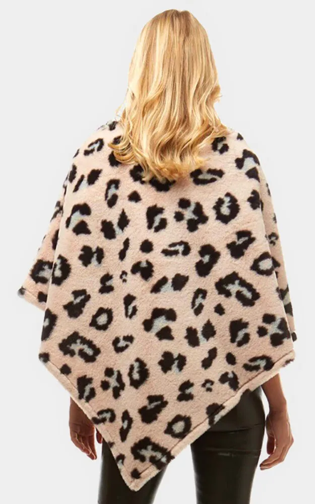 LF931 Leopard Pattern Faux Fur Poncho