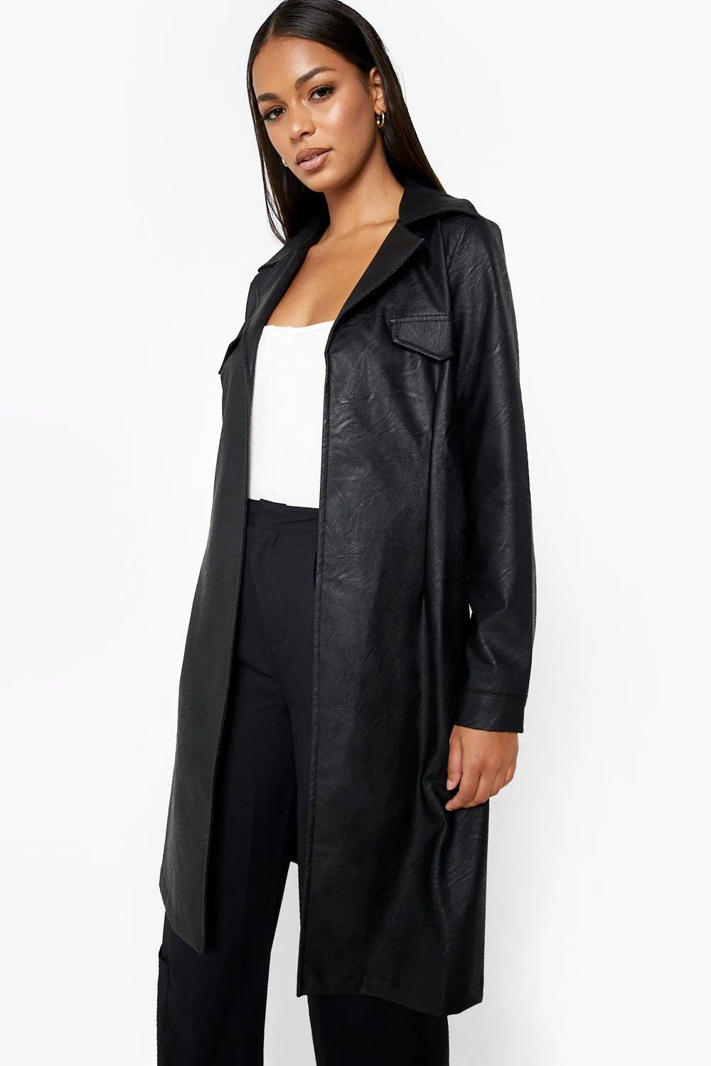 Longline Belted Faux Leather Trench Coat