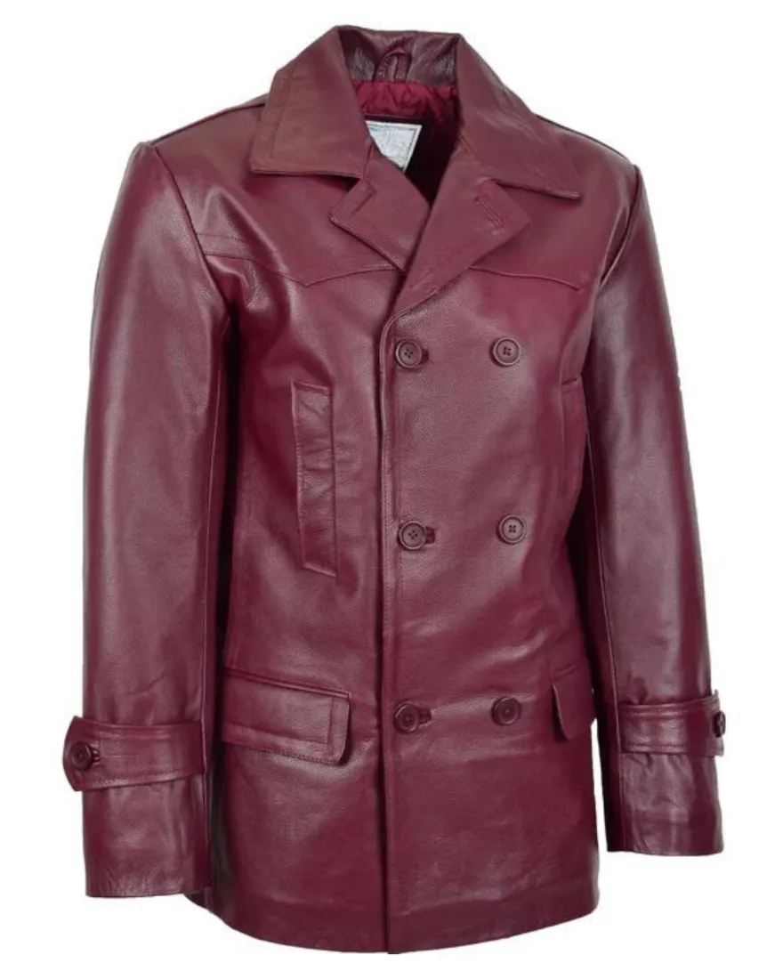 Mens Maroon Peacoat |  Sheepskin Leather