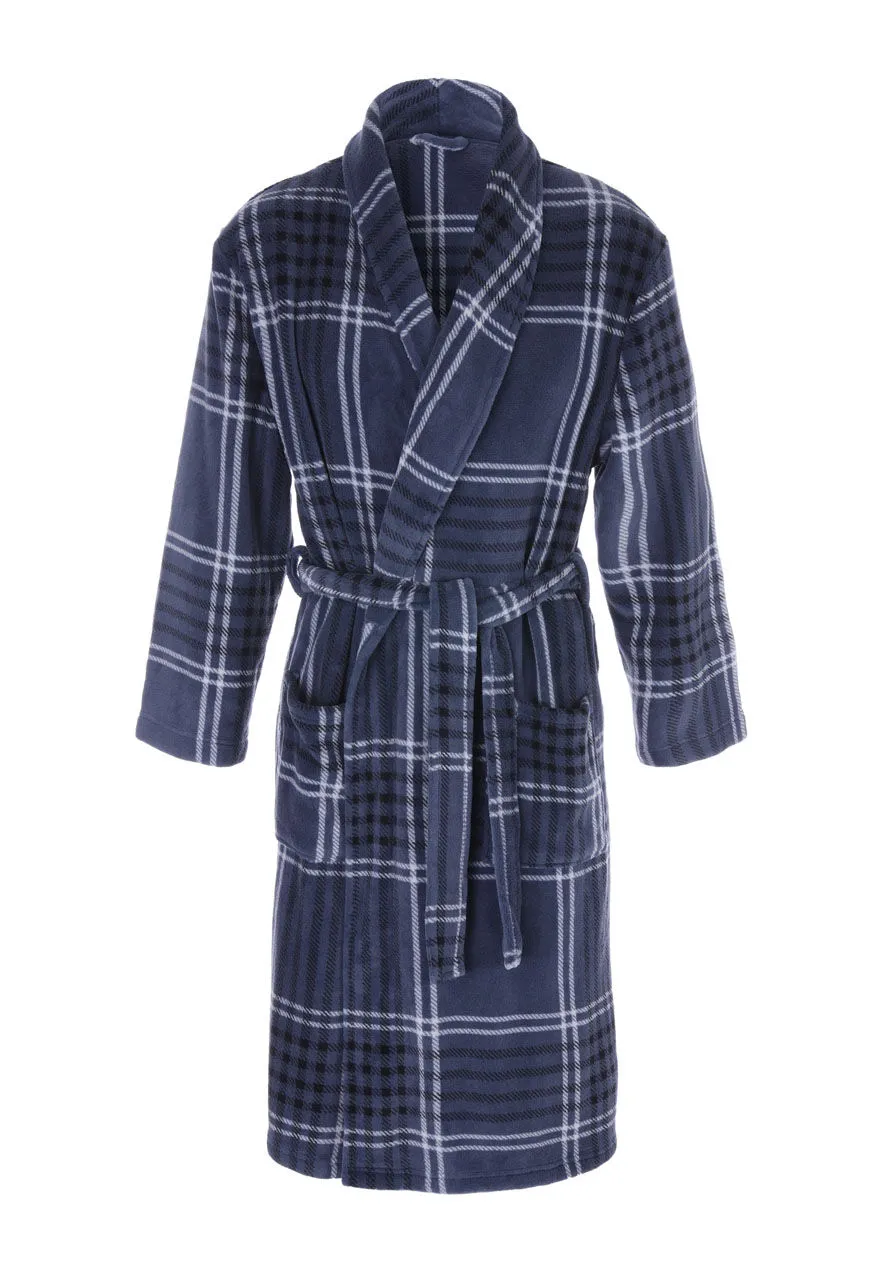 Mens Navy Blue Check Shawl Collar Dressing Gown