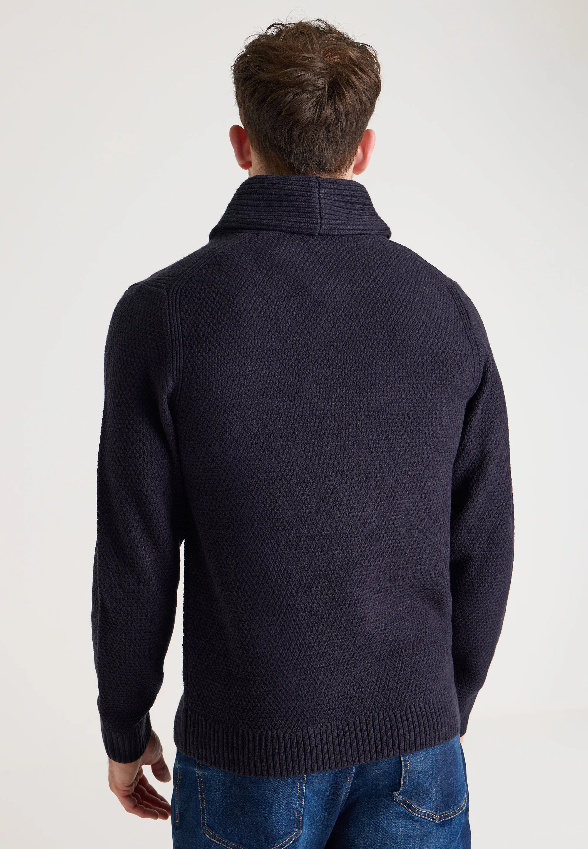 Mens Navy Plain Knitted Shawl Neck Jumper