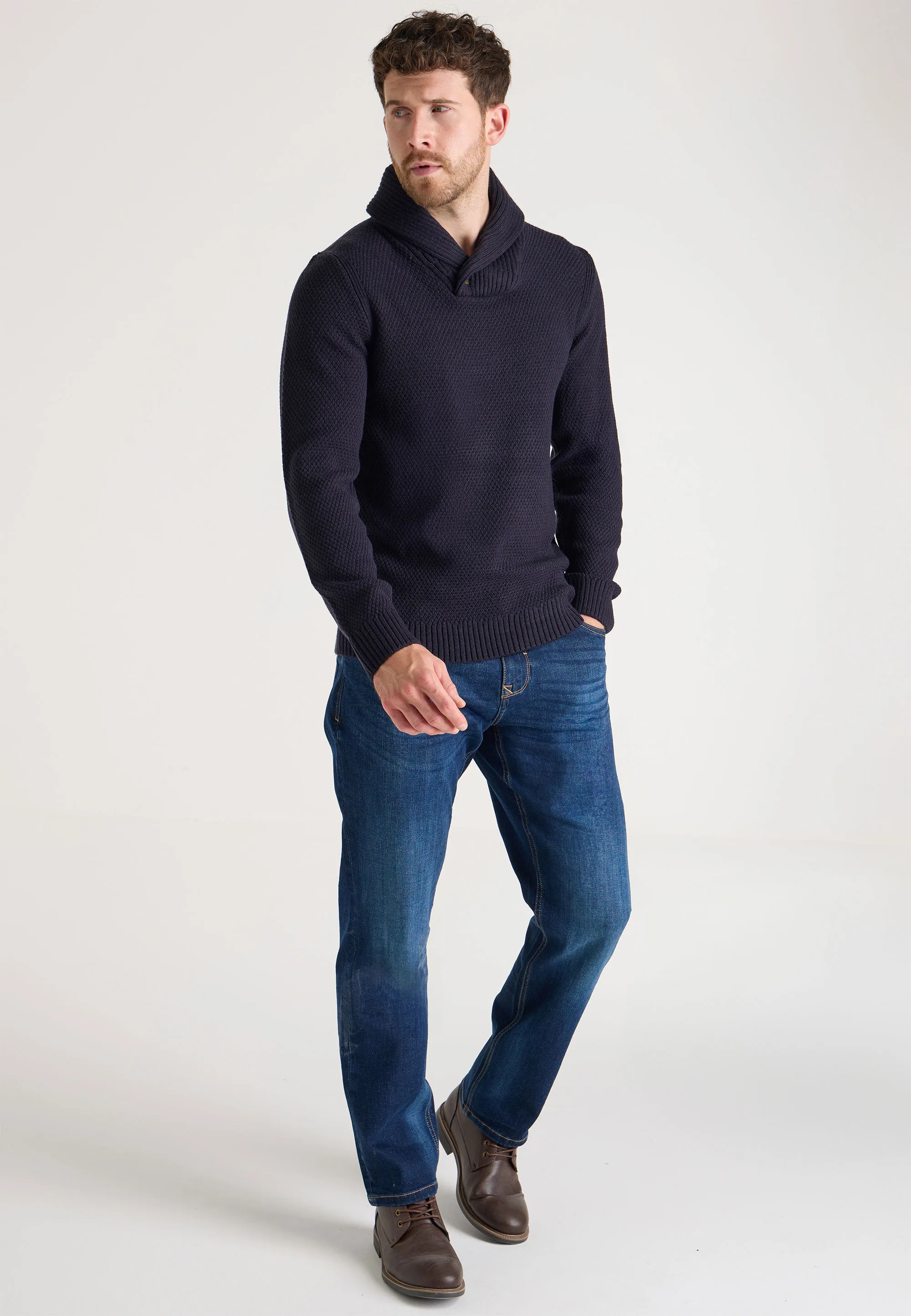 Mens Navy Plain Knitted Shawl Neck Jumper