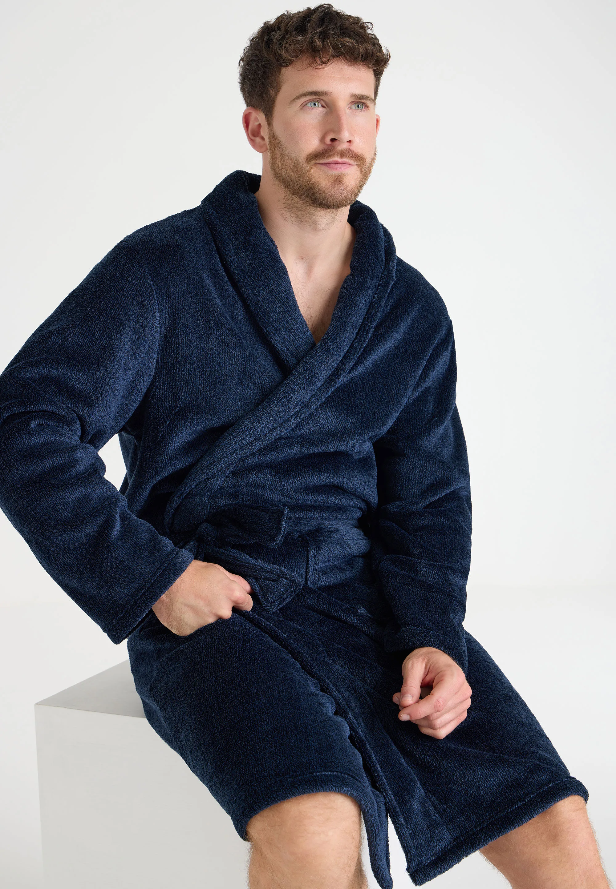 Mens Navy Shawl Collar Dressing Gown