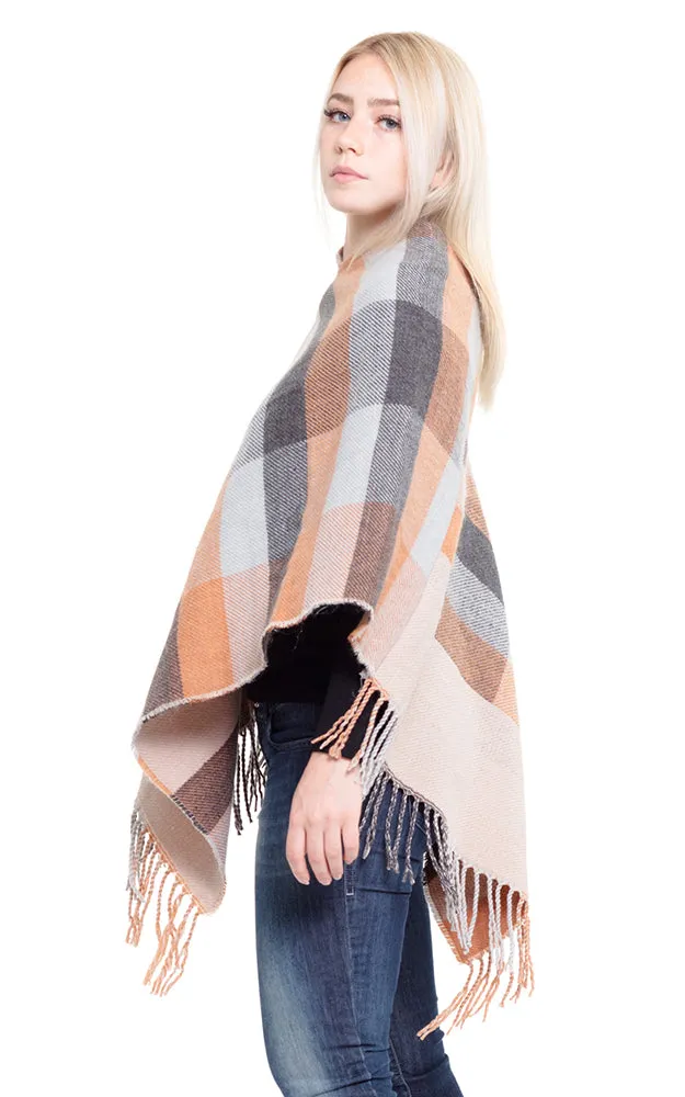 MS0145 Multi Color Plaid Poncho with Fringe