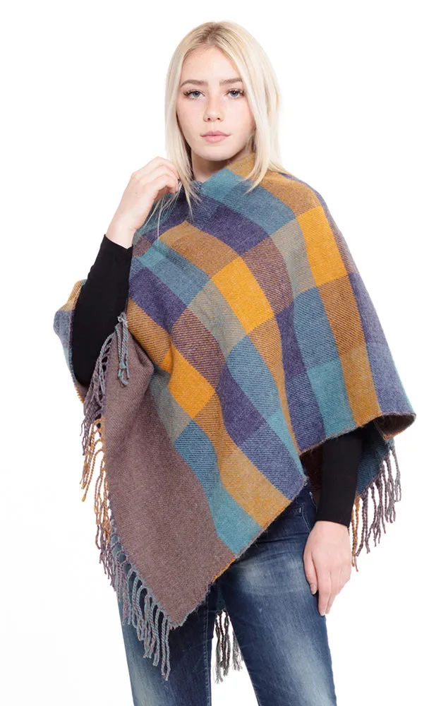 MS0145 Multi Color Plaid Poncho with Fringe