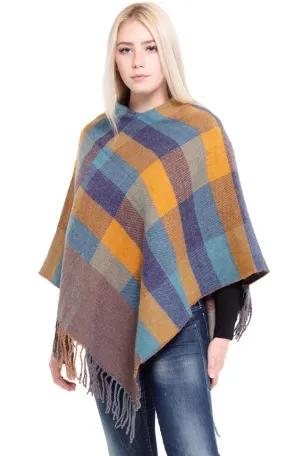 MS0145 Multi Color Plaid Poncho with Fringe