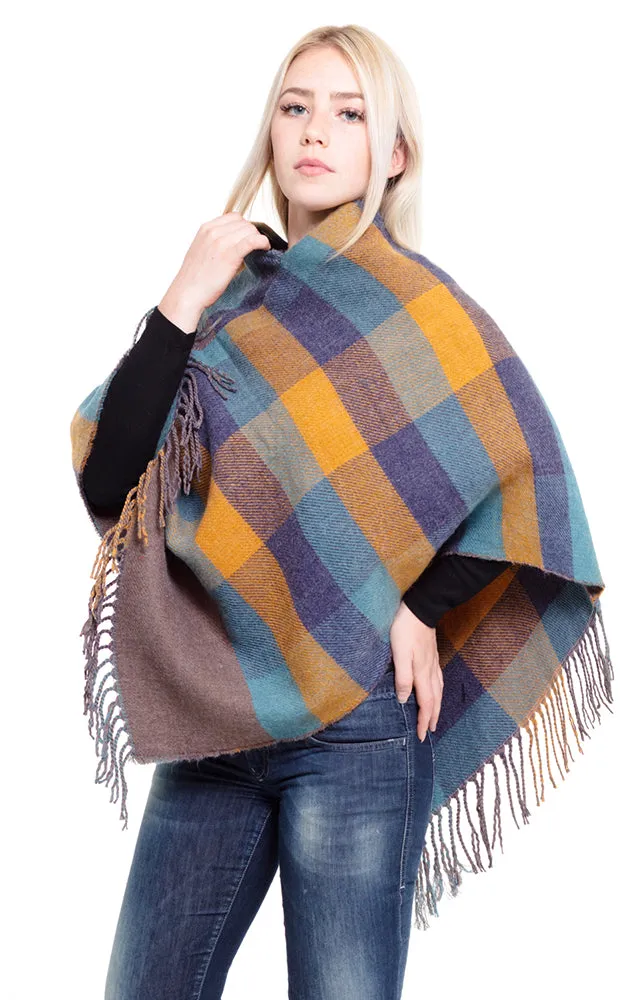 MS0145 Multi Color Plaid Poncho with Fringe