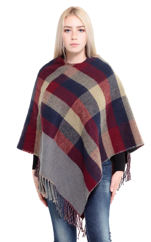 MS0145 Multi Color Plaid Poncho with Fringe