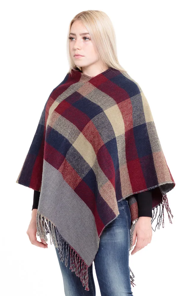 MS0145 Multi Color Plaid Poncho with Fringe