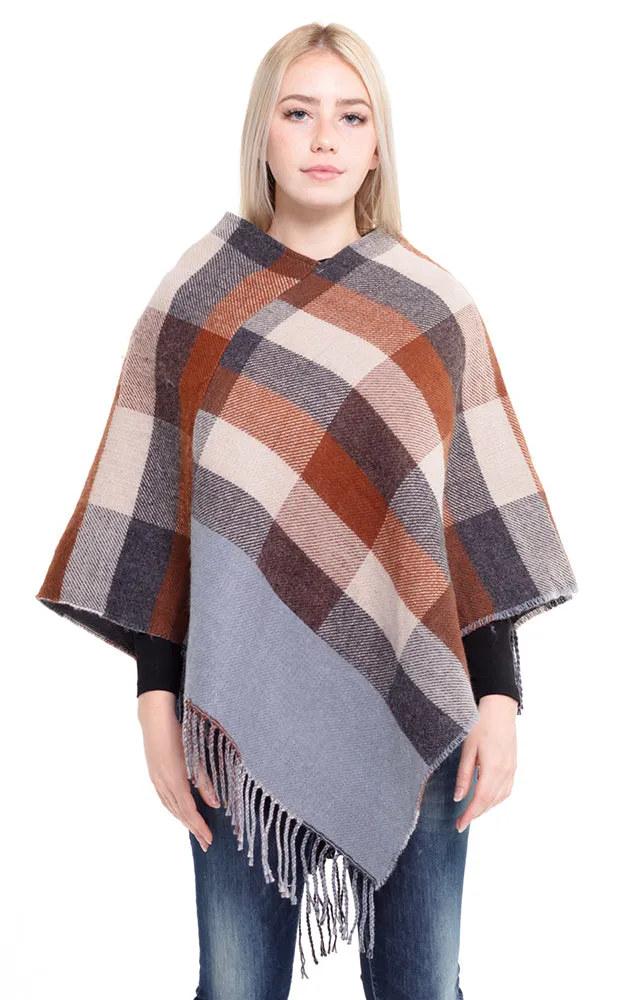 MS0145 Multi Color Plaid Poncho with Fringe