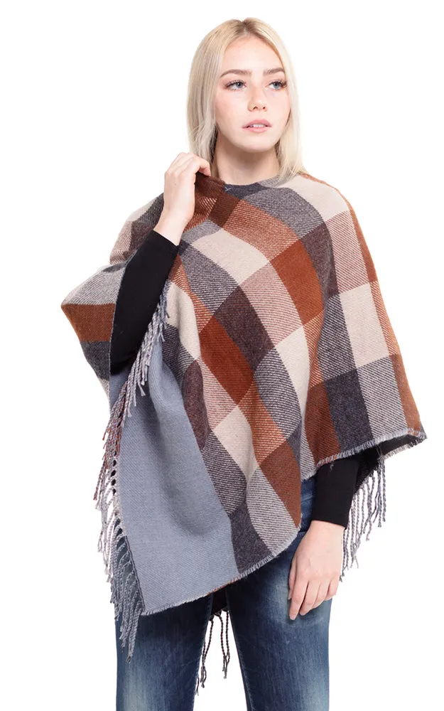 MS0145 Multi Color Plaid Poncho with Fringe