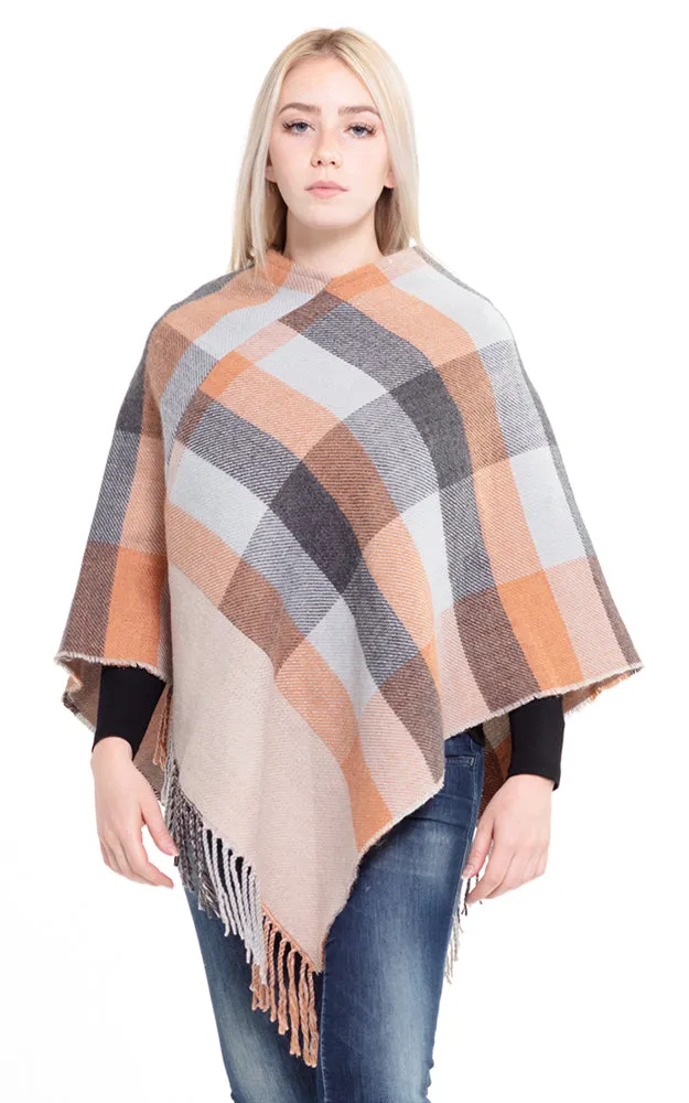 MS0145 Multi Color Plaid Poncho with Fringe