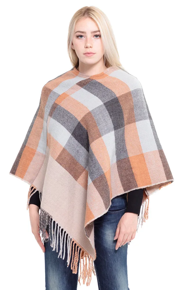 MS0145 Multi Color Plaid Poncho with Fringe