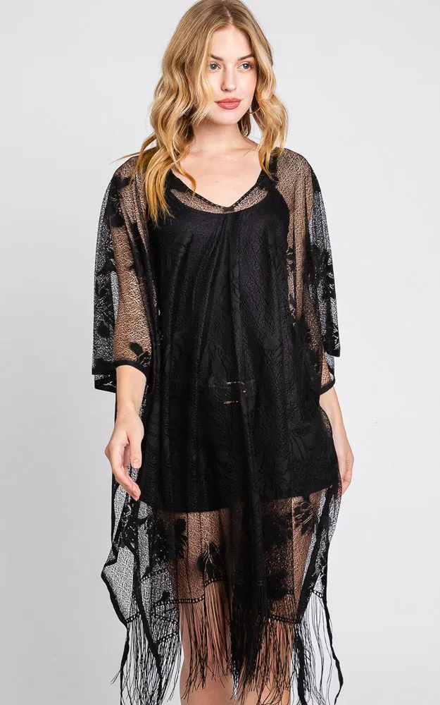 MS0362 FLORAL LACE PONCHO WITH TASSEL