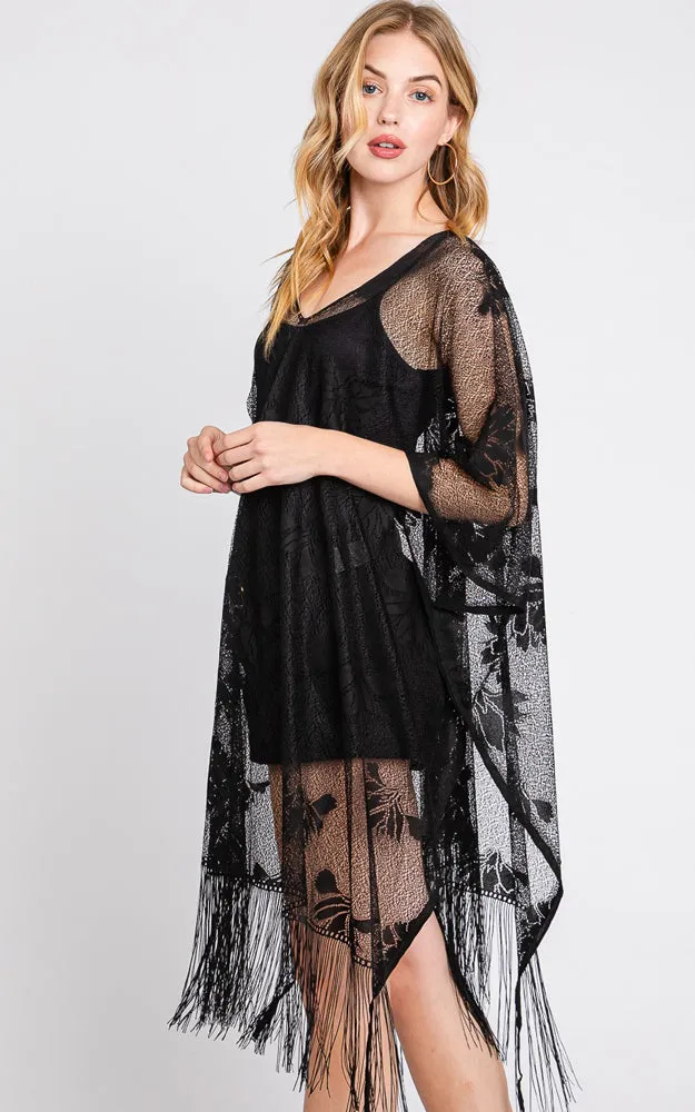 MS0362 FLORAL LACE PONCHO WITH TASSEL