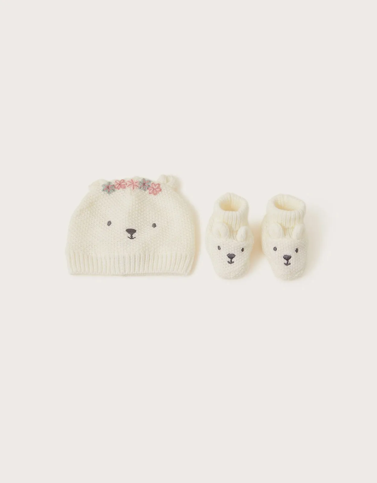 Newborn Bear Embroidered Hat and Booties Set