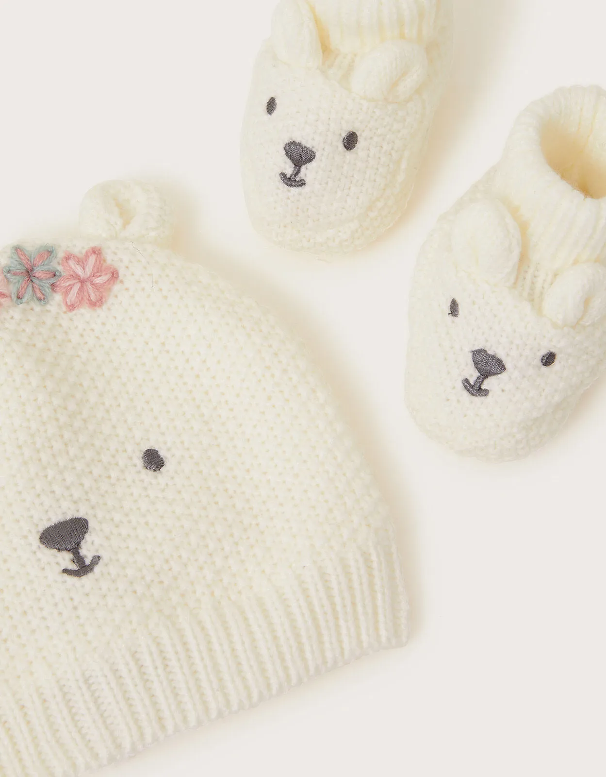 Newborn Bear Embroidered Hat and Booties Set