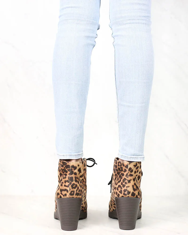 Not So Far Fetched Lace-Up Wedge Ankle Booties in Camel Leopard