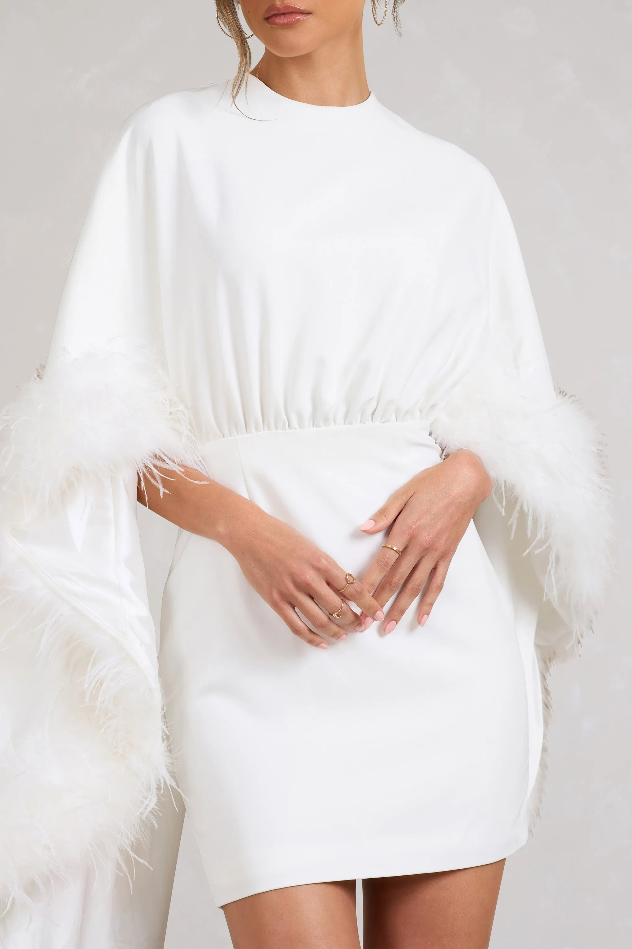 Of The Manor | White Gathered Mini Dress With Feather Cape