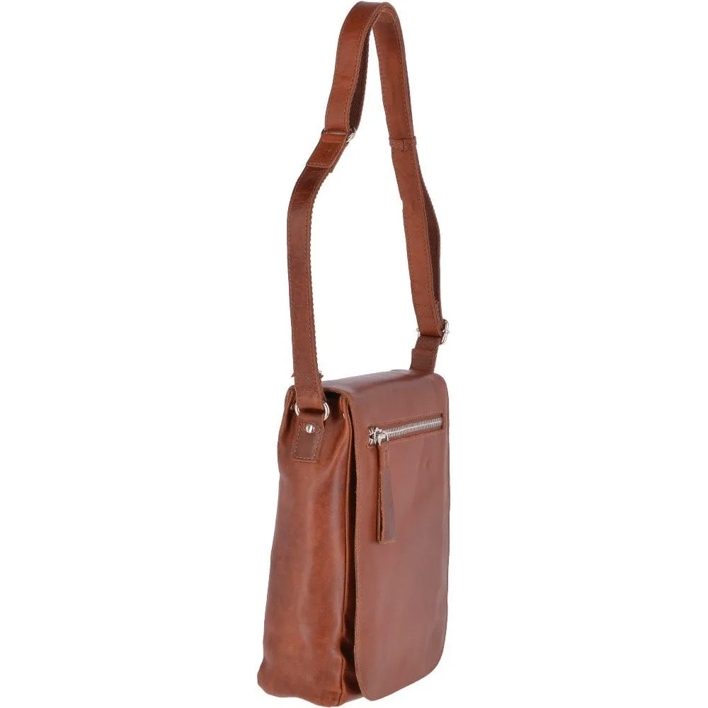 Oily Tan Leather Flap Over Small Messenger Flight Bag