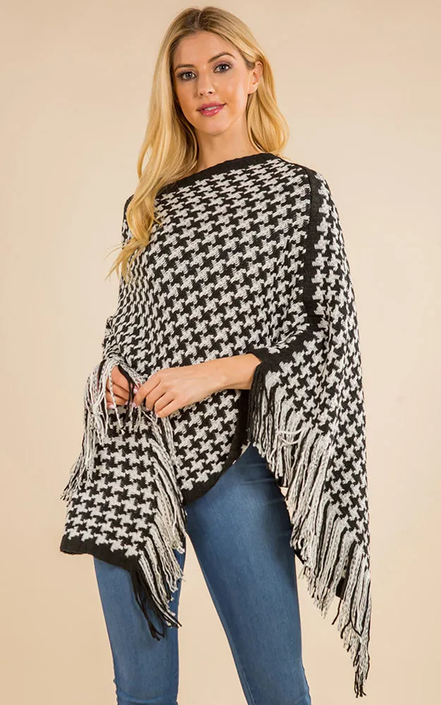 PA4223 Houndstooth Print Poncho with Tassels