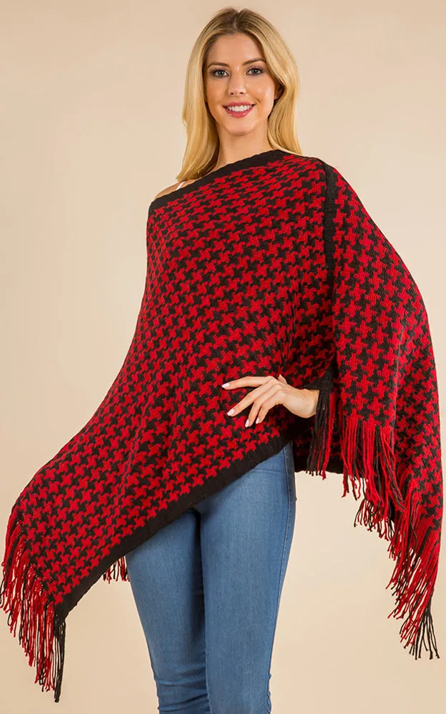 PA4223 Houndstooth Print Poncho with Tassels