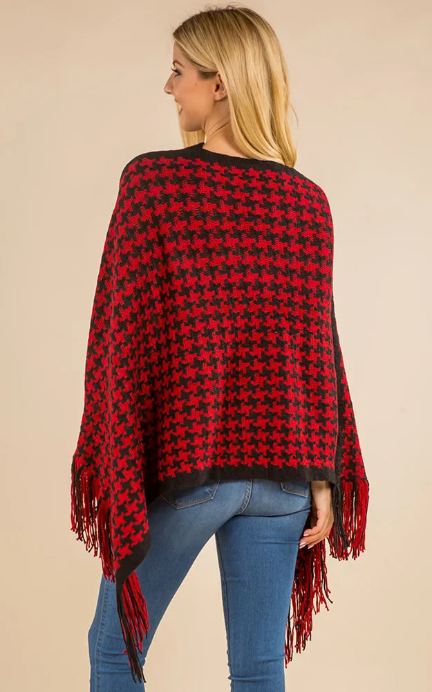 PA4223 Houndstooth Print Poncho with Tassels