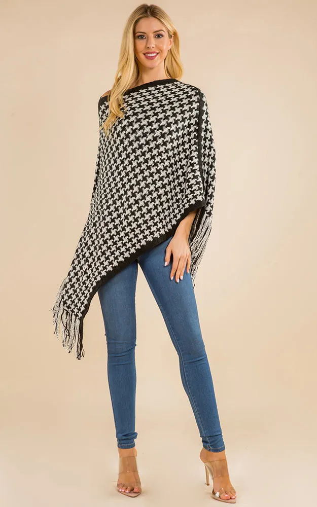 PA4223 Houndstooth Print Poncho with Tassels