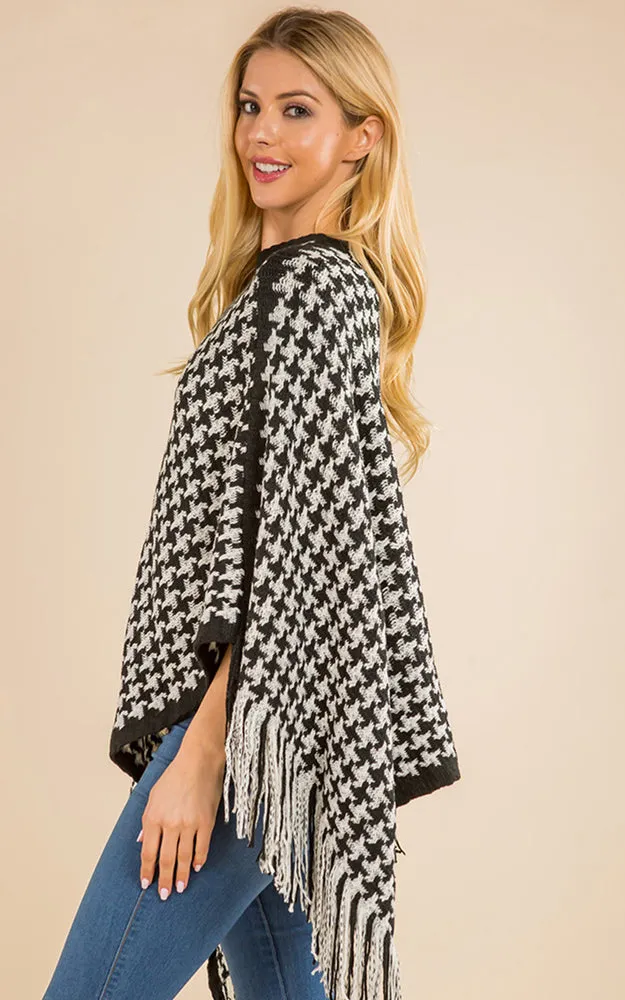 PA4223 Houndstooth Print Poncho with Tassels