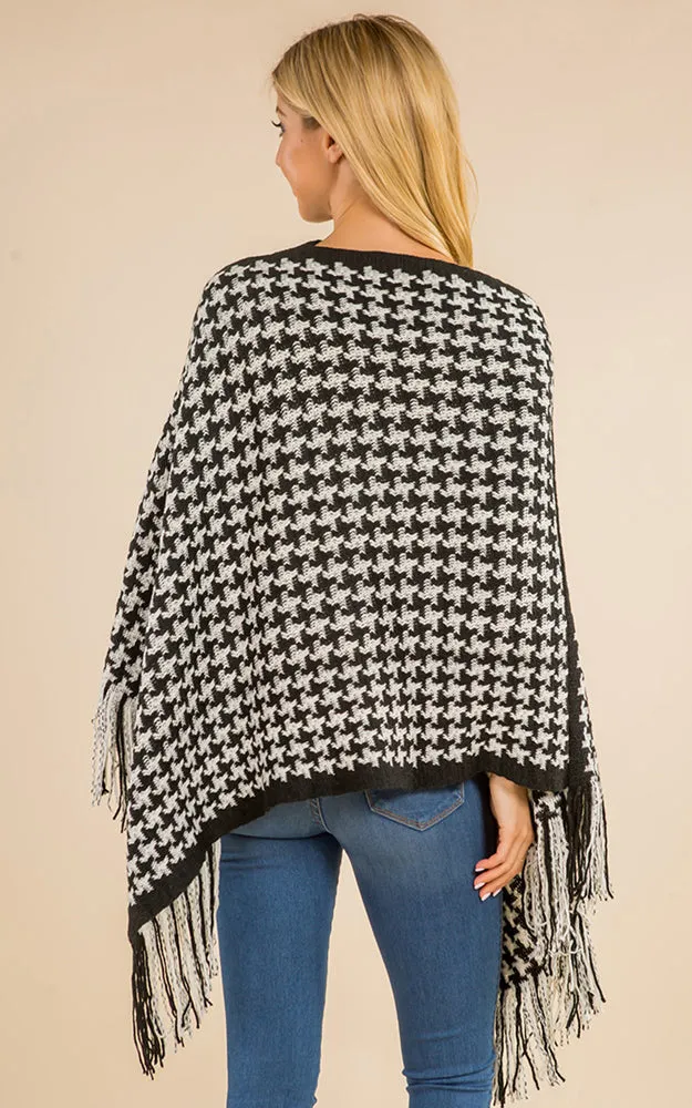 PA4223 Houndstooth Print Poncho with Tassels