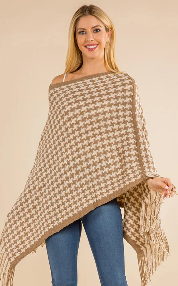 PA4223 Houndstooth Print Poncho with Tassels