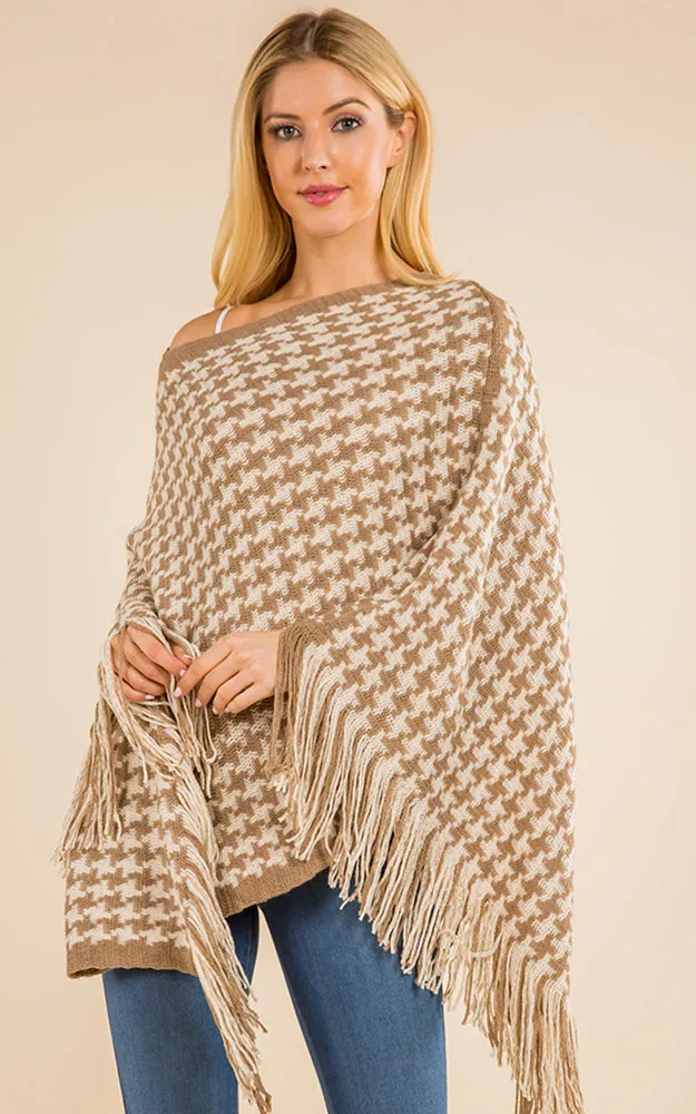 PA4223 Houndstooth Print Poncho with Tassels