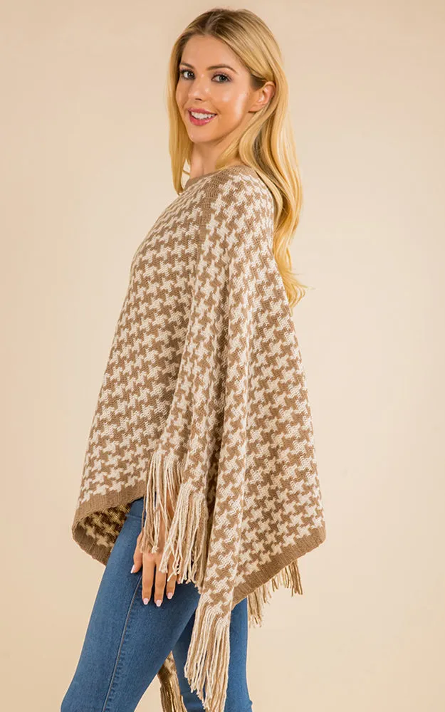 PA4223 Houndstooth Print Poncho with Tassels