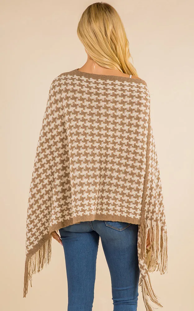 PA4223 Houndstooth Print Poncho with Tassels