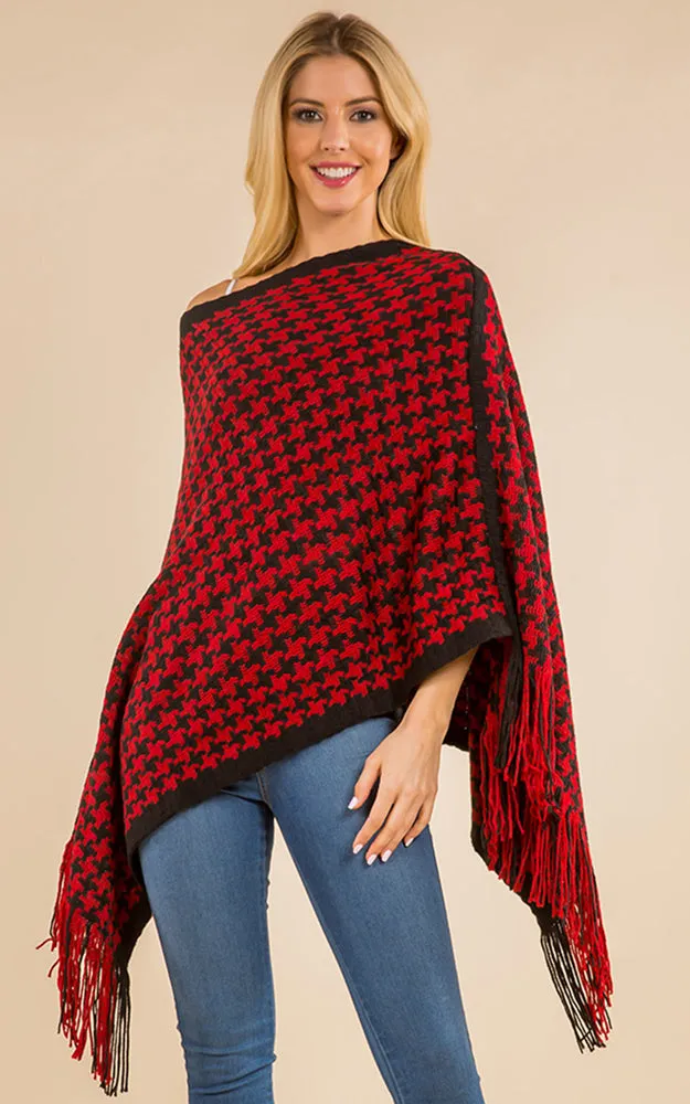 PA4223 Houndstooth Print Poncho with Tassels