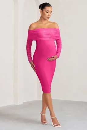 Patiently Waiting | Hot Pink Maternity Ruched Mesh Bardot Midi Dress