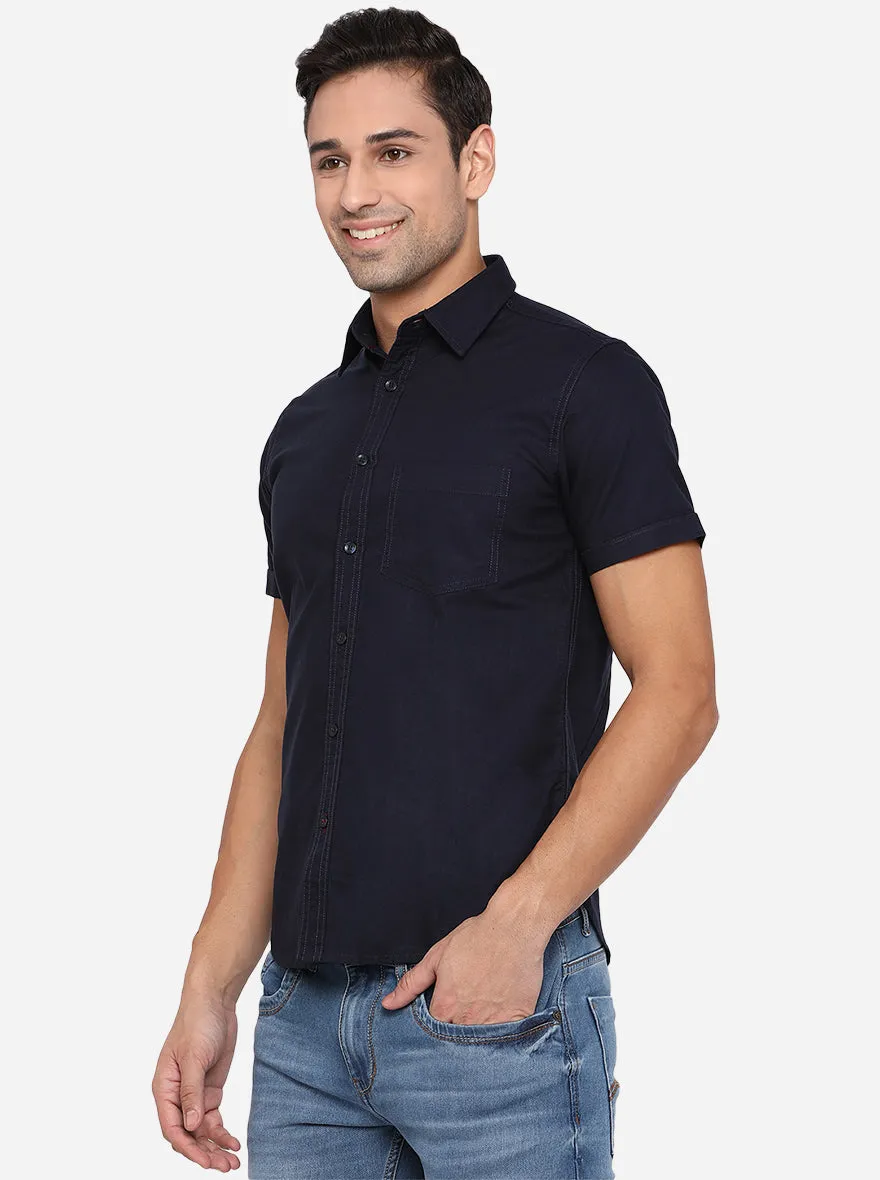 Peacock Blue Solid Slim Fit Semi Casual Shirt | Greenfibre