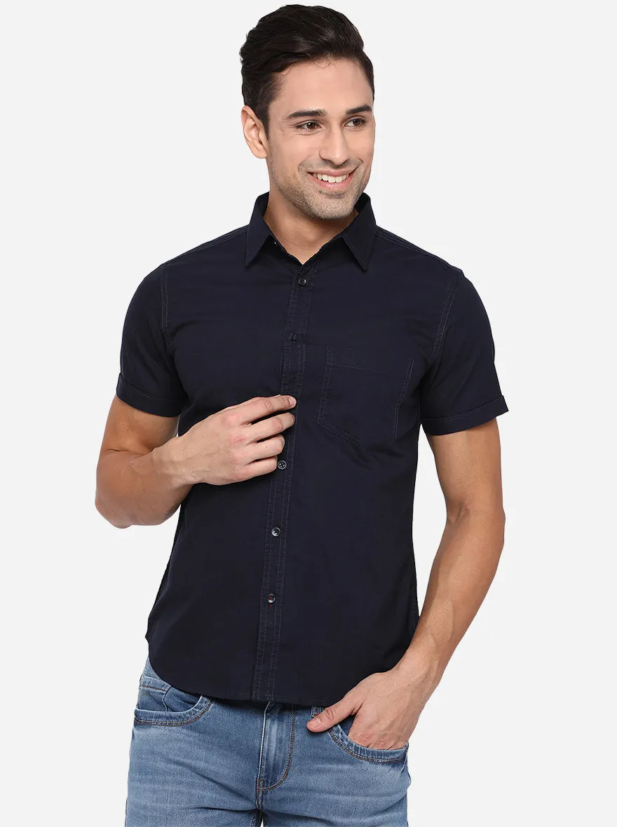 Peacock Blue Solid Slim Fit Semi Casual Shirt | Greenfibre