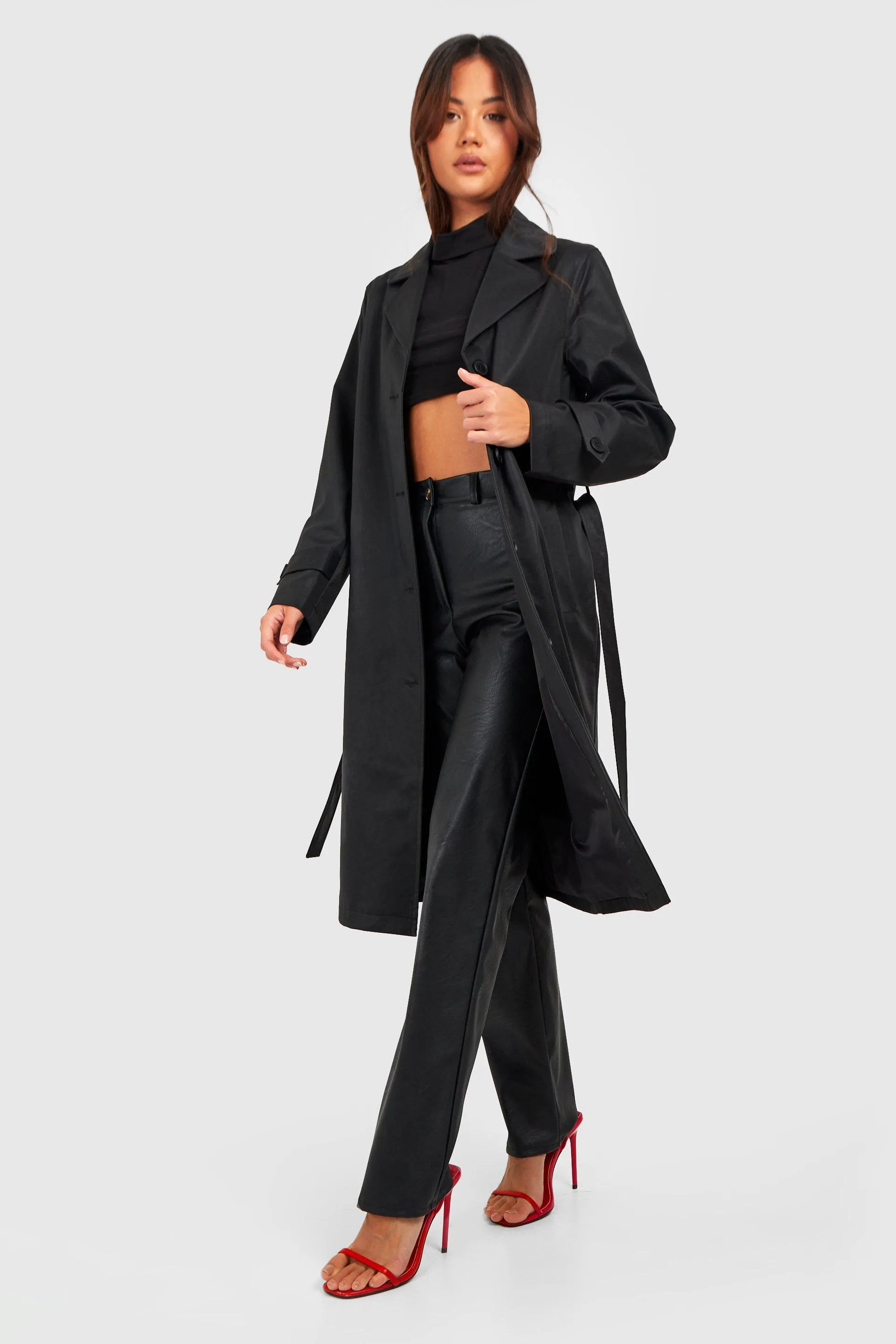 Petite Premium Faux Leather Trench Coat