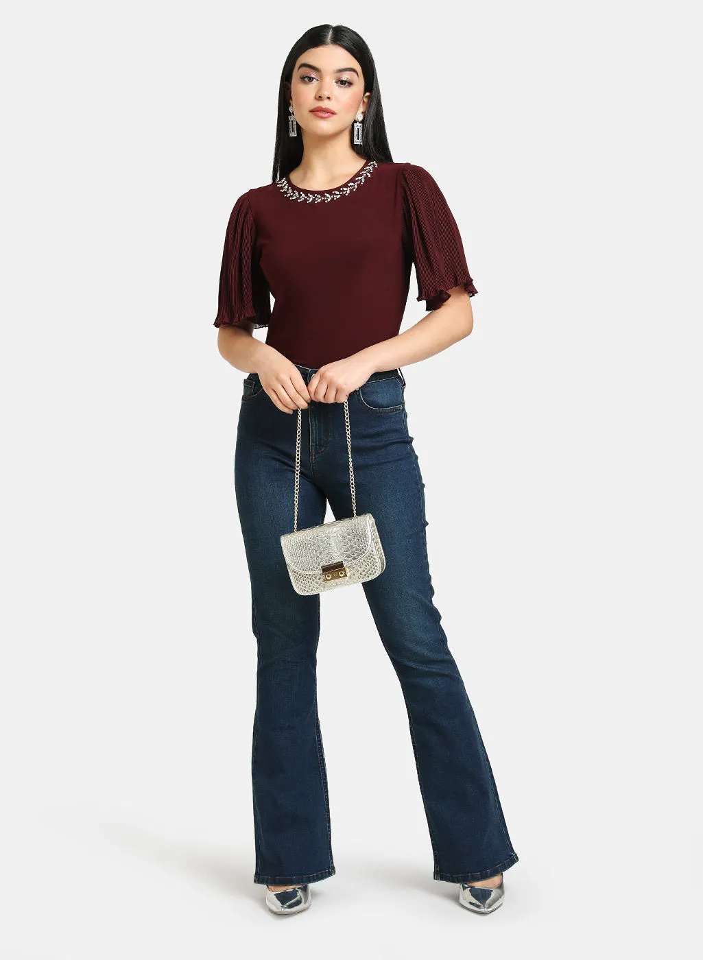 Pleated Sleeve Top With Embellished Neckline