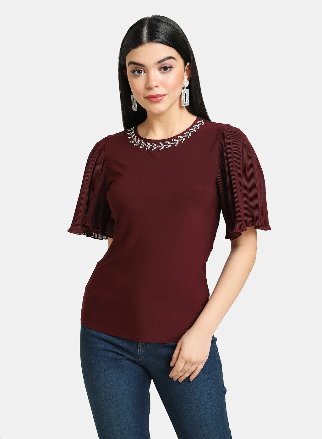 Pleated Sleeve Top With Embellished Neckline